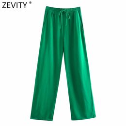 Zevity Women Simply Solid Green Colour Pockets Casual Straight Pants Female Chic Elastic Waist Lace Up Summer Long Trousers P1116 211118