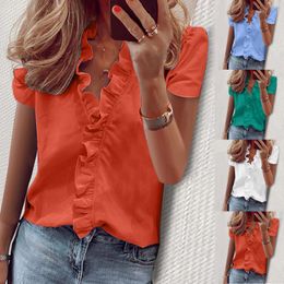 Women's T-Shirt T-Shirts Short Sleeve Shirts Ladies Tops 2021 Summer Ruffle V-neck Solid Color Casual