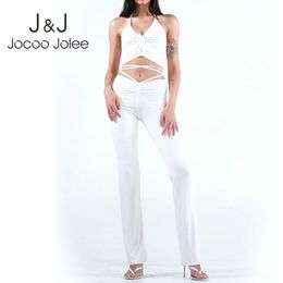 Jocoo Jolee Sexy Women Summer Suit Backless Vest Halter Solid Top and High Waist Bandage Skinny Trousers Two Piece Set 210518