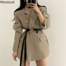 Korean Fashion Women Suit Blazer Coat With Belt Spring Notched Collar Sashes Wool&blend Female Streetwear Jacket 210513