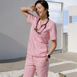 Womens Two Piece Pants Women Nursing Scrubs Working Uniforms Suits Short Sleeve Tops and Sets