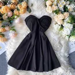 V Neck Sexy Strapless Party Club Dress High Waist Hip Pleat A Line Vestido Summer Sleeveless Solid Ropa Mujer 49502 210422