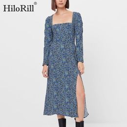 Floral Print Elegant Midi Dress Square Neck Front Split Vintage Party Puff Sleeve A Line Vestido De Mujer 210508