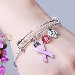 Fita rosa cancro de mama charme pulseiras pulseiras com amor cor de prata pulseira de fio expansível desejo jóias biwnstone