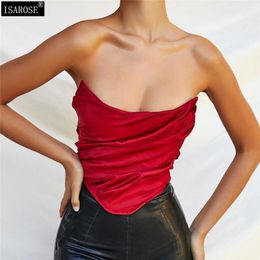 ISAROSE Folded Corset Tops Polyester Boning Red Satin Summer Sleeveless Back Zipper Cropped Top Ruched Bustier Wear Outside 210422