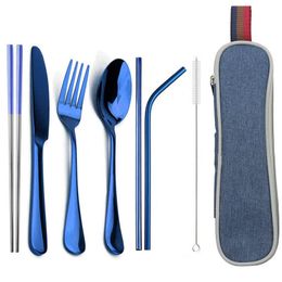 Dinnerware Set Portable Reusable Cutlery Set For Travel Camping Tableware Utensils Set with Spoon Fork Chopsticks Straw and Bag 210706
