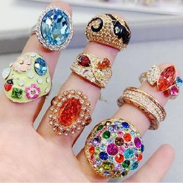Heavy industry inlaid gem ring flower animal Shine light luxury gorgeous crystal Colored zircon plating rose gold 925 silver Ring