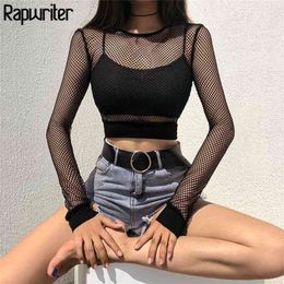 Rapwriter Sexy Black Hollow Out Mesh T-Shirt Female Skinny Crop Top New Fashion Summer Basic Tops For Women Fishnet Shirt 210330