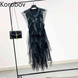 Korobov V Neck Ruffles Patchwork Irregular Long Ropa Black Party High Waist Hip Vestido Sexy Sleeveless Dress Women 210430