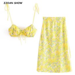 Retro Green Leaves Print Bow Tie Lacing up Strap Bra Crop Top Sexy Women Yellow Midi Long Skirt Holiday Tank Tops 2 Pieces Set 210730