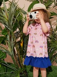 Toddler Girls Half Button Colorblock Rainbow Print Ruffle Hem Dress SHE