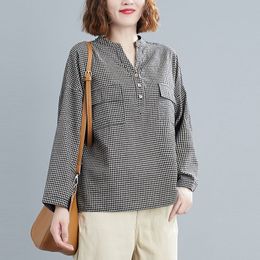 Women Cotton Linen Blouses Shirts New Autumn Korean Style Vintage Plaid Pattern Loose Female Long Sleeve Casual Tops S2394 210412