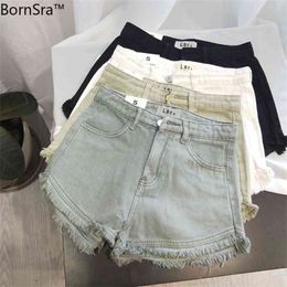 Bornsra Spring and Summer Style Practical Easy To Match / Show Thin Solid Color Retro High Waist Fringed Denim Shorts 210629