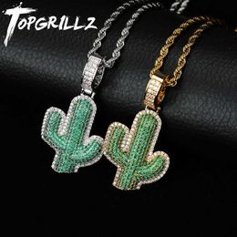 TOPGRILLZ Iced Out Cactus Pendant est AAA Green Cubic Zircon Men's Charms Necklace Fashion Plant Hip Hop Jewellery