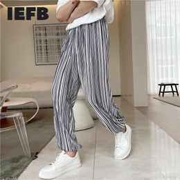 IEFB Men's Striped Casual Pants Korean Loose And Fashionable Baggy Pants Wide Leg Pants Elastic Waist Causal Summer Trousers 210524