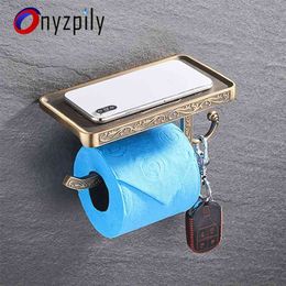 Onyzpily Antique Carved Zinc Alloy Bathroom Paper Mobile Phone Holder With Shelf Towel Rack Toilet Tissue 210720