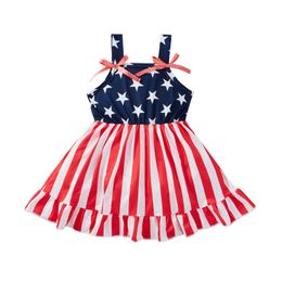 Citgeett Summer Independence Day Kids Baby Girl Sleeveless Dress Star Stripe Print Square Collar Bowknot Clothes Q0716