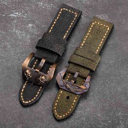 Canvas Leather Watchband 20 22 24 26MM Suitable For Watch Accessories Bronze Buckle Skull Strap Mens Retro
