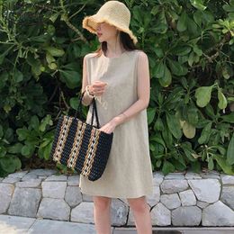 Summer Women O-Neck Solid Loose Vest Vestidos Korean Style Cotton Linen Casual Sexy Plus Size Knee Length Dress 9864 210417