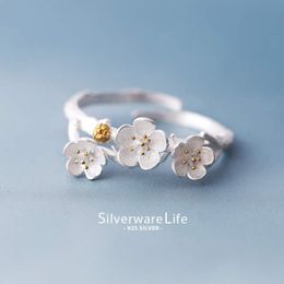 New Arrival Elegant 925 Sterling Silver Plum Flower Rings for Women Adjustable Size Finger Ring Fashion Jewelry