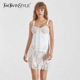 Lace Patchwork Sexy Dress For Women Off Shoulder Sleeveless High Waist Slim Mini Dresses Female Fashion 210520