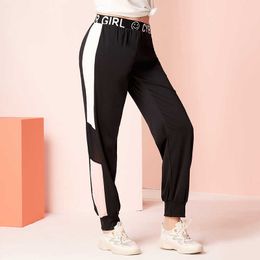 New Women Track Pants Letter Graphic Colorblock Joggers Elastic Waist Sport Running Pant Q0801