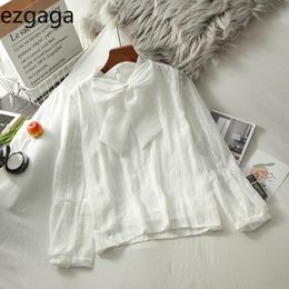 Ezgaga Shirt Women White Fashion Bow O-Neck Vintage Long Sleeve O-Neck Party Blouse Korea Style Offcie Lady Shirts Elegant 210430