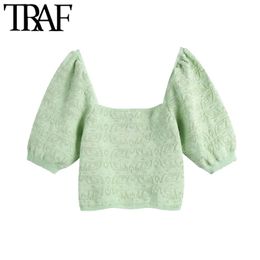 TRAF Women Fashion Jacquard Cropped Knitted Sweater Vintage Square Collar Puff Sleeve Female Pullovers Chic Tops 210415