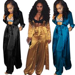 Satin Two Piece Set Women Fashion Long Kimono Cardigan Trench Coat and Wide Leg Pants Set Ladies Trousers Suits 2 Piece Outfits Y0625