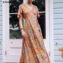 Women Vintage V neck Camellia Short Sleeve Orange Floral Print Wrap Dress Retro Lacing up Waist Maxi Long BOHO Dresses 210429