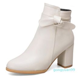 Boots Sweet Lovely Beige White Black Princess Lolita Shoes Plus Size 33-52 Butterfly-knot Thick Heel Ankle Winter B7441