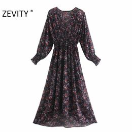 Women Elegant V Neck Flower Print Elastic Waist Chiffon Dress Chic Female Long Sleeve Casual Slim A Line Vestido DS4616 210420