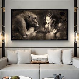 Monkey with Woman Landscape art Paintings on the Wall Art Posters and Prints Nordic Animals Art Pictures for Living Room