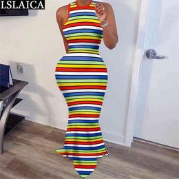 Maxi Dress Sleeveless Rainbow Striped Print Casual Bodycon Party Club Fashion Summer Elegant Women Femme Sukienka 210515