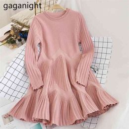 Sweet Women Knitted Ruffles Dress Long Sleeve O Neck Autumn Winter Fashion Lady Solid Dresses Girls Party Vestidos 210601
