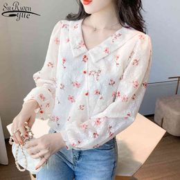 Autumn Fashion Korean Printed Women Blouse Lace Shirt Elegant Long Sleeve V-neck Chiffon Ladies Top Blusas 11048 210427