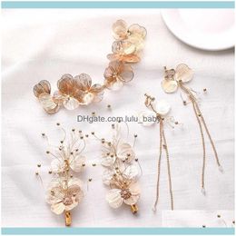 Wedding Jewelry4 Pcs Sets Headbands Flower Gold Hairgrips Tassel Earrings For Women Bridal Hair Aessories Pearls Handmade Fashion Jewellery Dr