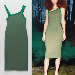 ZA Summer Striped Knit Dress Women Sleeveless Thin Straps Asymmetrical Party Dress Woman Vintage Slim Green Long Dress 210602