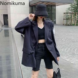 Nomikuma Fashion Drawstring Black Striped Blazer Women Autumn Korean Loose Long Sleeve Suit Jacket Streetwear Tops 3d424 210514