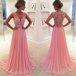 Vintage Blush Pink Evening Prom Dresses A Line Chiffon Lace Appliques Plunging V Neck Sexy Sheer Girls Party Formal Dress