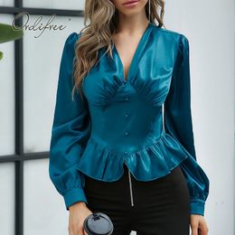 Spring Autumn Women Satin Shirt Long Sleeve Ruffle Vintage Female Blouse Sexy Tops 210415