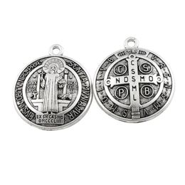 Catholicism Round 3D St Benedict Medal Antique Silver Cross Charm Pendants L1727 40.2x34.9mm Jewellery Findings Components 12pcs/lot