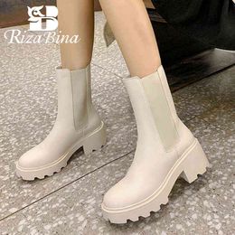 Dress Shoes Rizabina 2022 New Fashion Women Genuine Leather Ankle Boots Thick Heels Slip on Short Boot Ladies Footwear Size 34-39 2 9