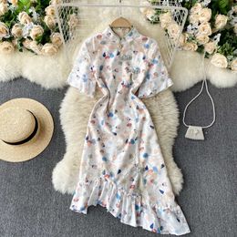 Dresses Summer Elegant Fashion Short Sleeve Stand Irregular Ruffled Cheongsam Dress with Split Lace Patchwork Print Vestido 210610