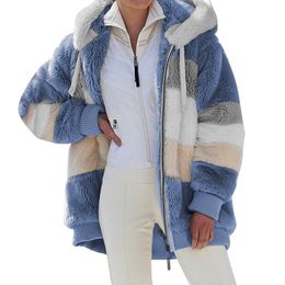 Winter Women Casual Cardigan Sweatshirts Hooded Front Zipper Fleece Fashion Colour Block Patchwork Hoodies Coats Plus Size