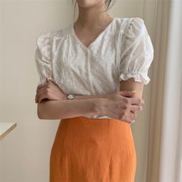 Hollow Out Lace Ruffles White Office Lady Streetwear V-Neck Stylish Summer Chic Women Shirts Sweet Blouses 210421