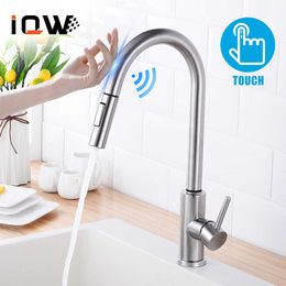 Pull Out Sensor Kitchen Faucet Black Smart Mixer Tap Touch Faucets and Cold Water mart Touch Spray Tap 210724