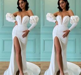 Mermaid White Evening Dresses Off Shoulder Sweetheart Long Puffy Sleeve Sweep Train Buttons High Side Split Formal Prom Special Ocn Party Gowns Vestidos