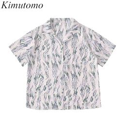 Kimutomo Chic Vintage Korean Blouse Hong Kong Holiday Style Summer Notched Short-sleeved Chiffon Print Shirt Casual 210521