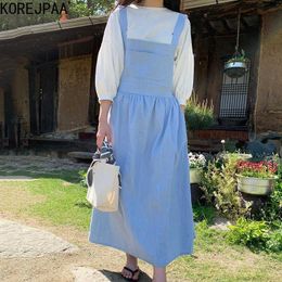 Korejpaa Women Set Summer Korean Chic Niche Simple Round Neck Loose Puff Sleeve Shirt Square Neck Tie Waist Suspender Dress 210526